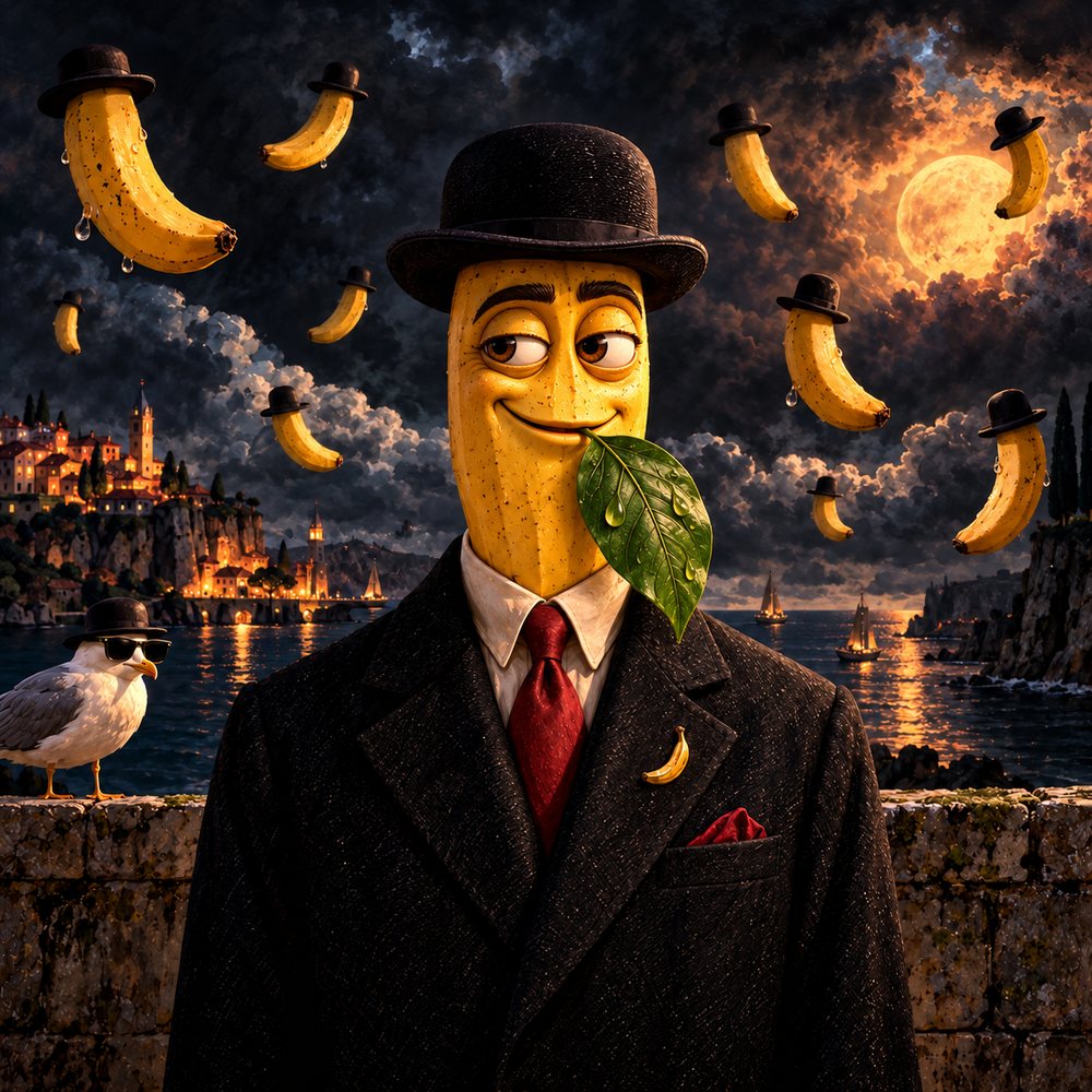 A banana in a bowler hat and a dark suit, a green leaf in front of its face, under a night sky raining bowler-hatted bananas