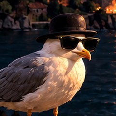 Georgette, a seagull in a bowler hat and sunglasses